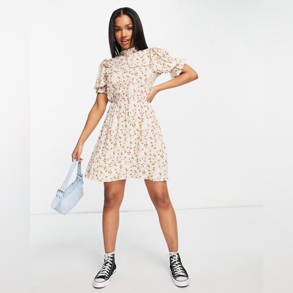 Miss Selfridge Frill Bib Mini Dress - Size 12, Cream/Orange/Brown Floral - Picture 1 of 14